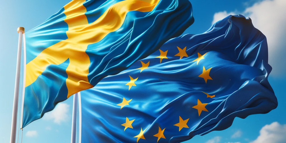 DALL·E 2023-10-24 17.59.51 - Photo of the Swedish flag flying side by side with the European Union flag against a clear blue sky. The flags should be vibrant, with the wind giving DALL·E 2023-10-24 17.59.51 - Photo of the Swedish flag flying side by side with the European Union flag against a clear blue sky. The flags should be vibrant, with the wind giving